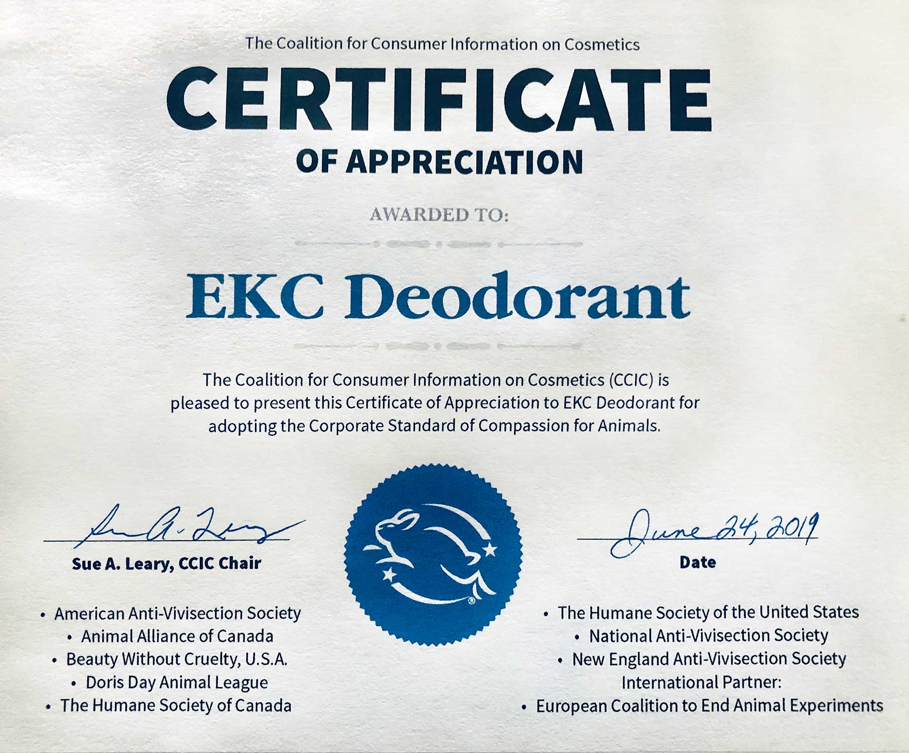 EKC Deodorant - Leaping Bunny Award 2019